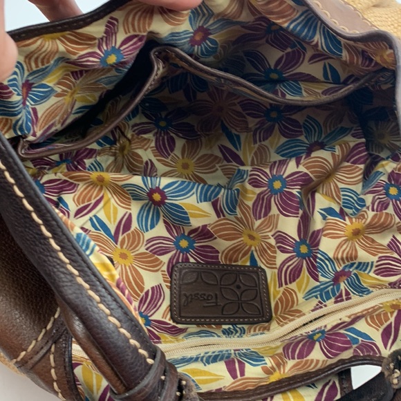 Fossil Hobo Tweed Leather Bag Light Dark Brown Floral Lining silver buckle - Picture 9 of 16